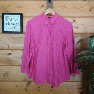 L. Ralph Lauren 100% Linen Button Down Shirt Pink Embroidered Logo Preppy‎ Sz XL
